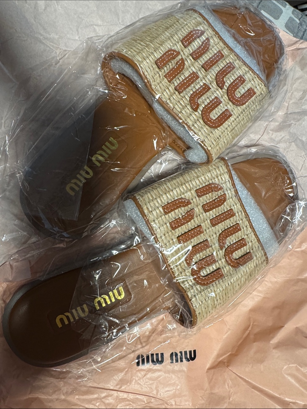 Designer inspired sandals Tan Leather & Natural Woven Logo Slide Sandals size 39